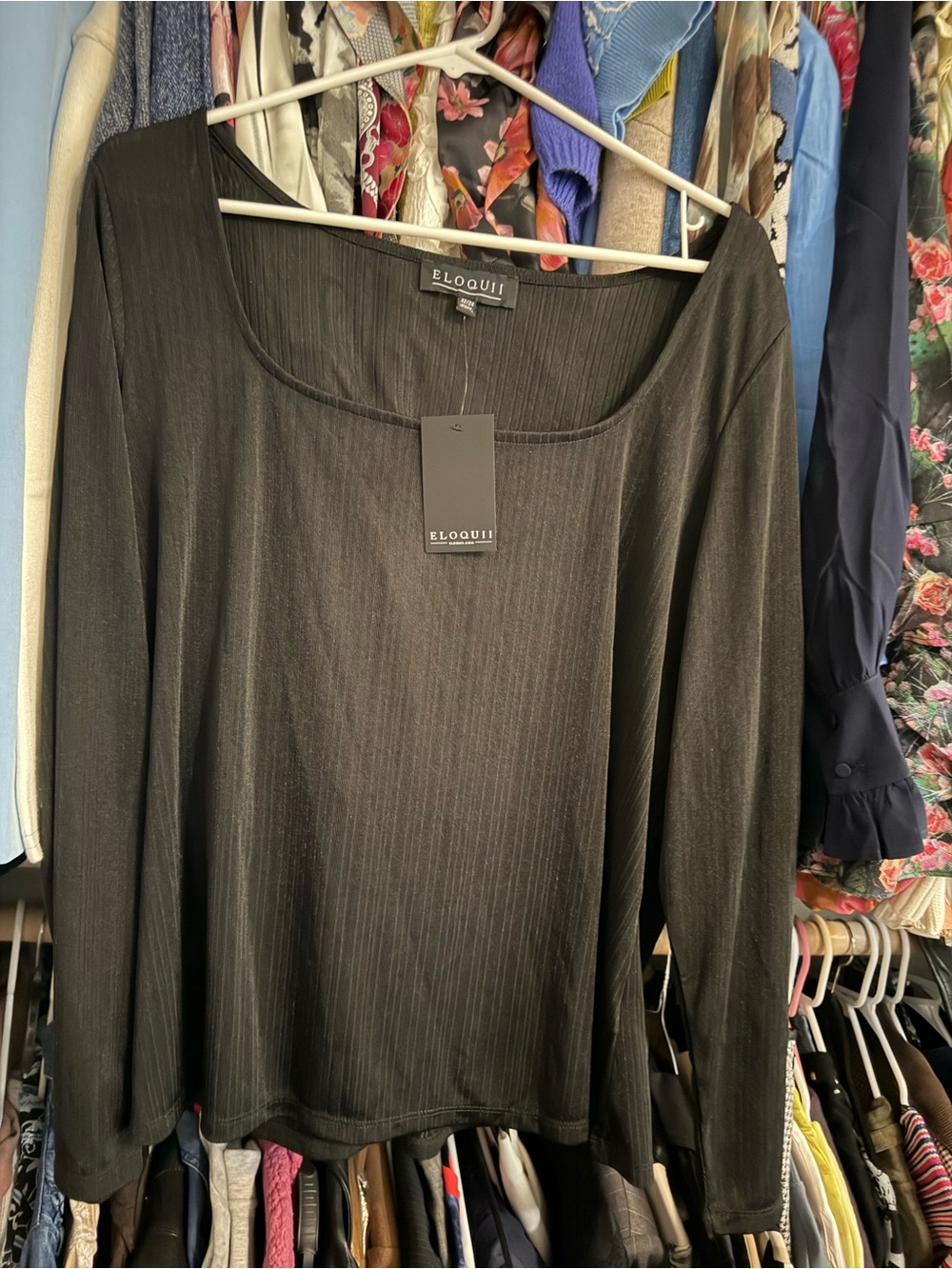 Eloquii Black Scoop-Neck Long Sleeve Top with Subtle Pinstripe Texture 22/24